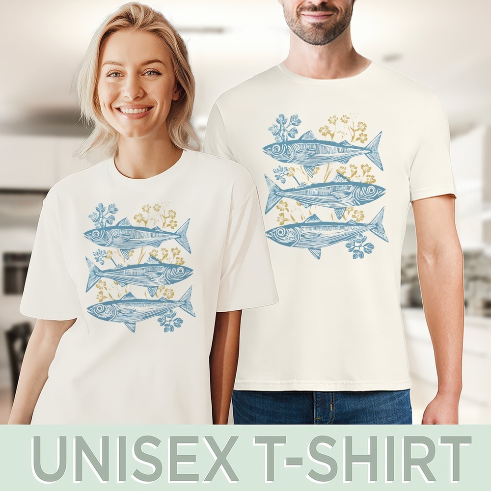 Vintage Fish and Flowers Graphic Tee Natural Botanical Line Art - Picture 4 of 6